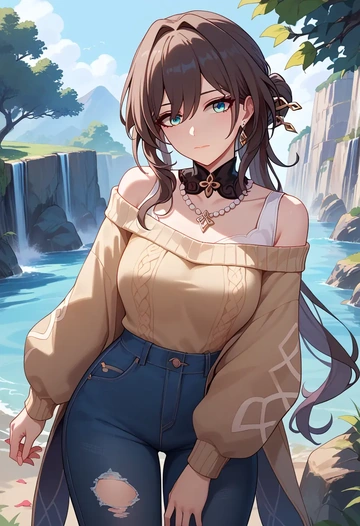 star rail,ruan mei,sweater,off-shoulder,ripped jeans  - AI generated anime art